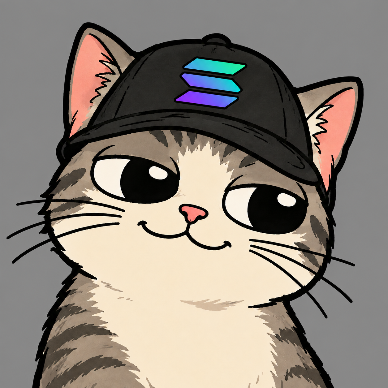 $Meowana mascot wearing a black Solana cap